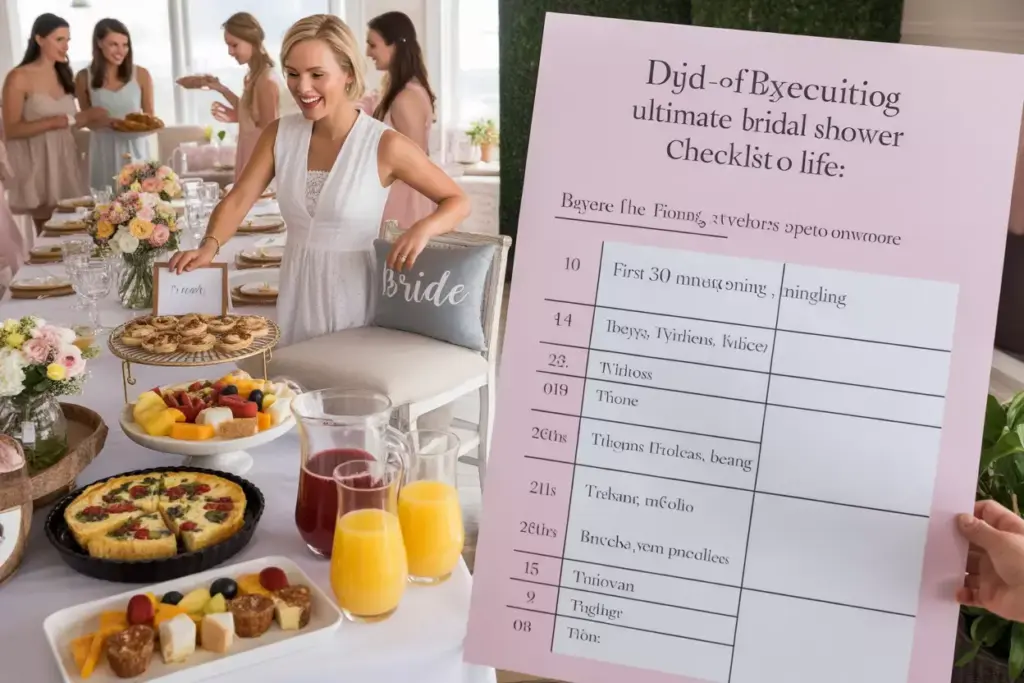 Fully set bridal shower with brunch food and arrival timeline visible