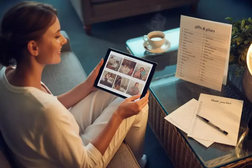Bride reviewing shower photos with gift list and thankyou cards