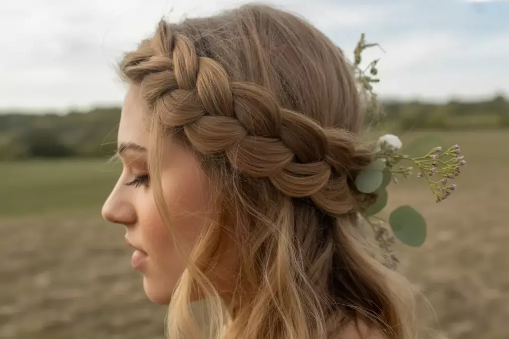 Rustic braided half crown with loose waves and wildflowers