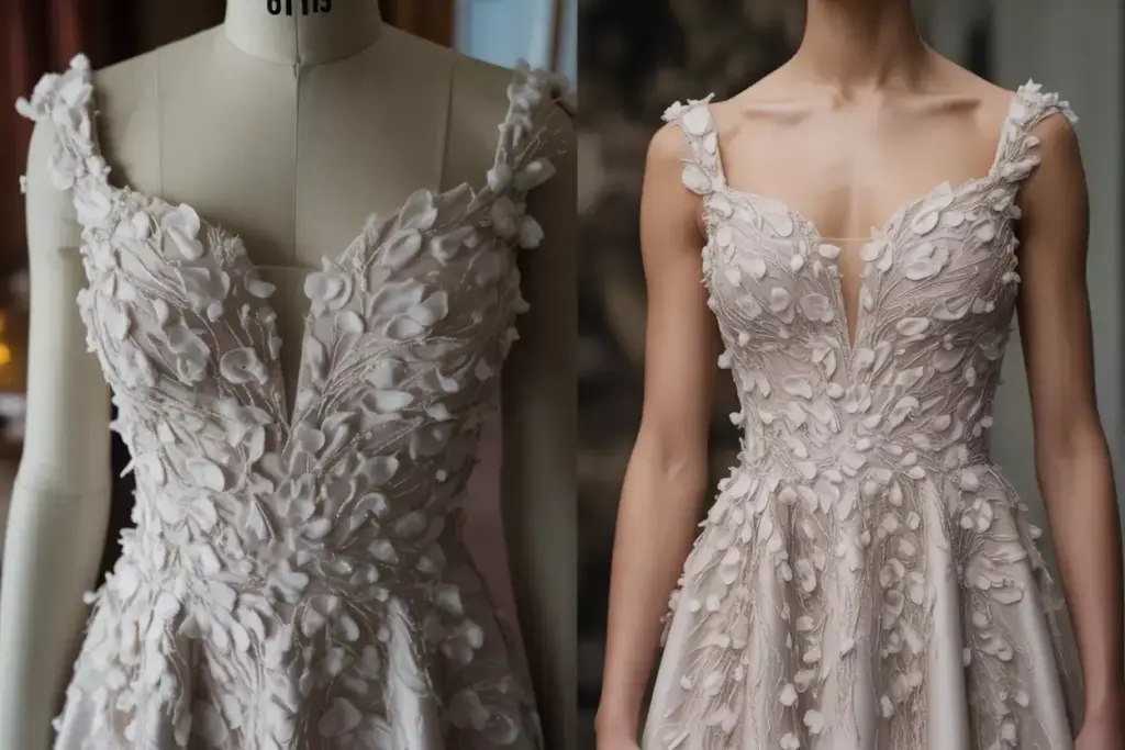 Three dimensional floral applique textured sweetheart wedding dress