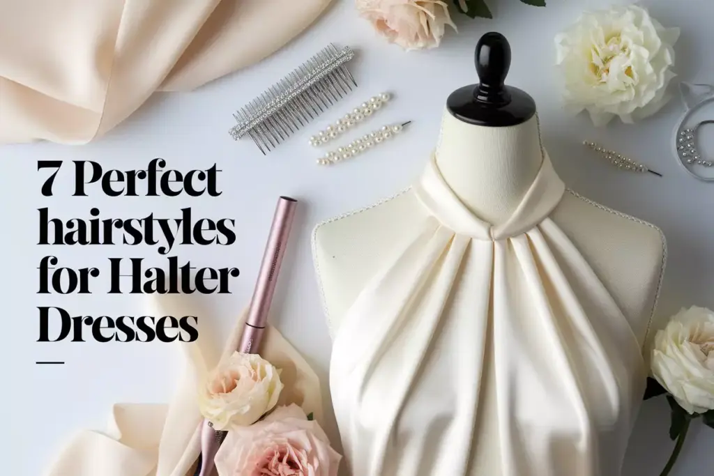 Overhead flatlay halter dress bridal hair accessories styling guide cover