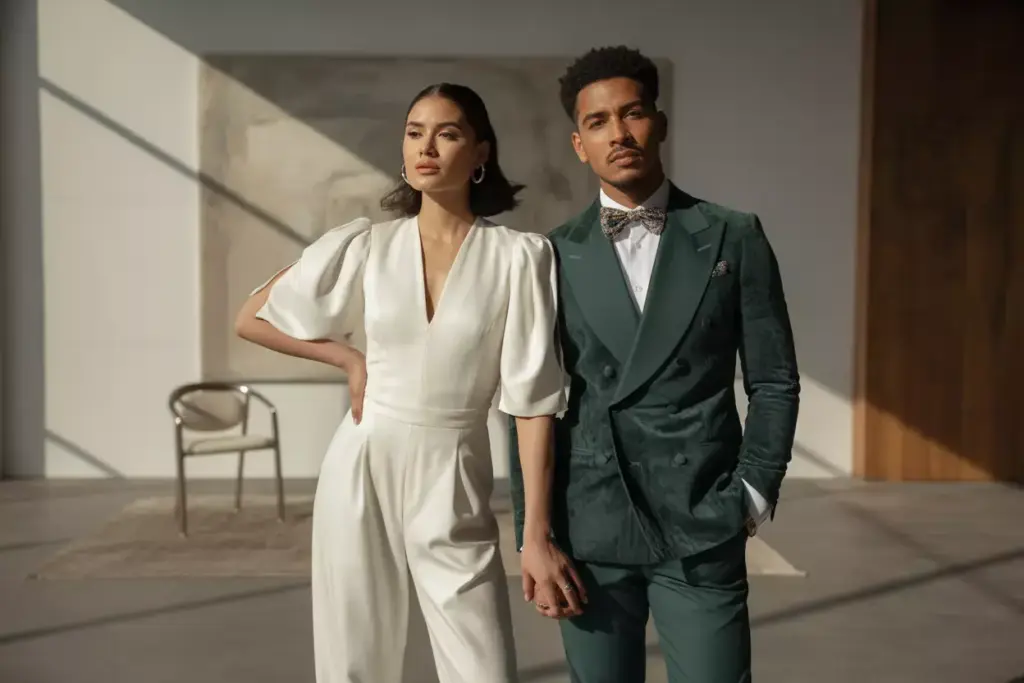 Modern couple in loft bride in jumpsuit groom in green velvet suit