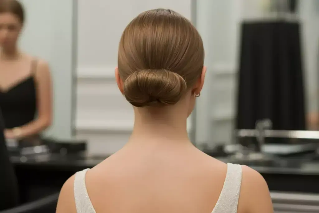The timeless low chignon at the nape of the neck