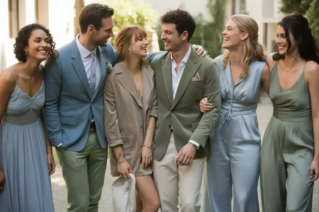 Wedding party group in coordinated colors and mixed textures