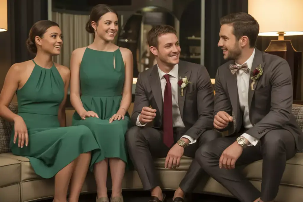 Bridesmaids green dresses groomsmen gray suits mixed accessories