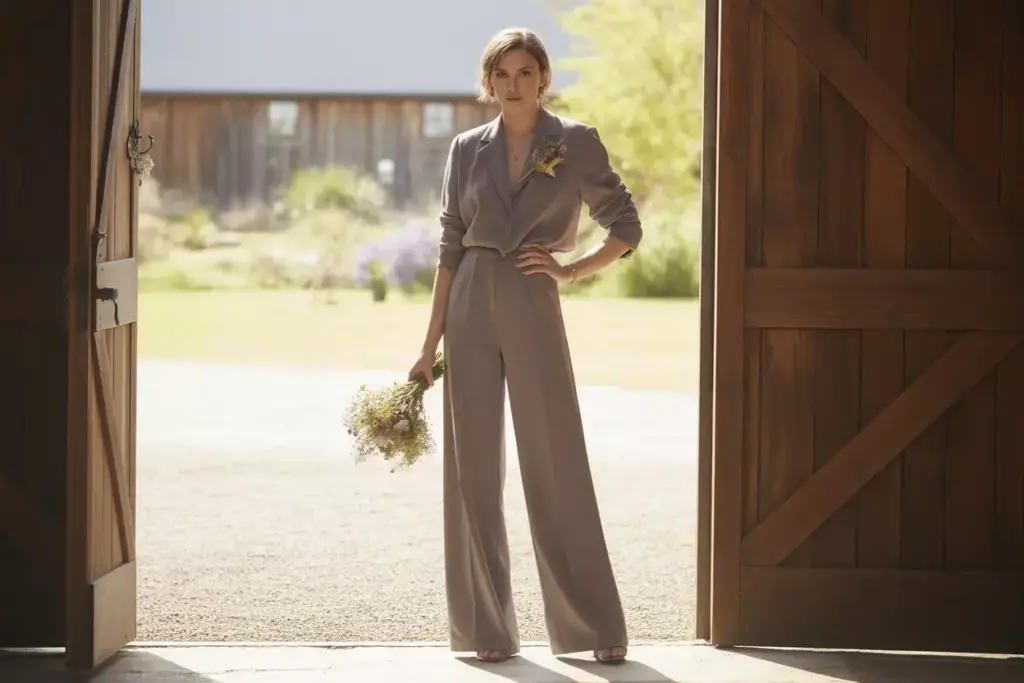 Nonbinary attendant taupe jumpsuit floral accessory barn venue