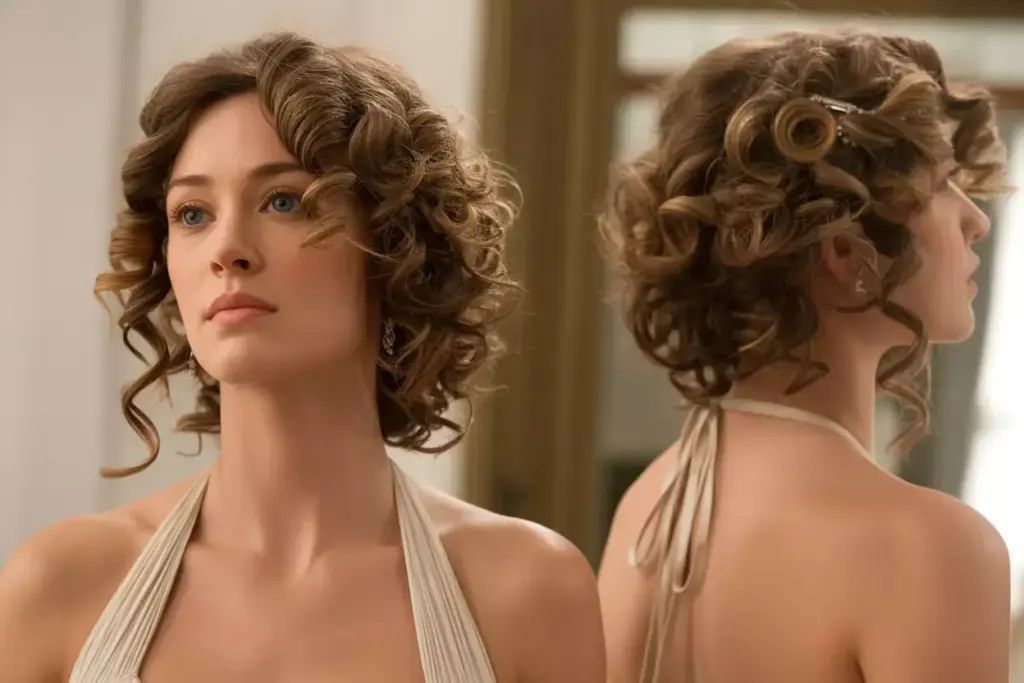 Cascading curls placed asymmetrically over one shoulder