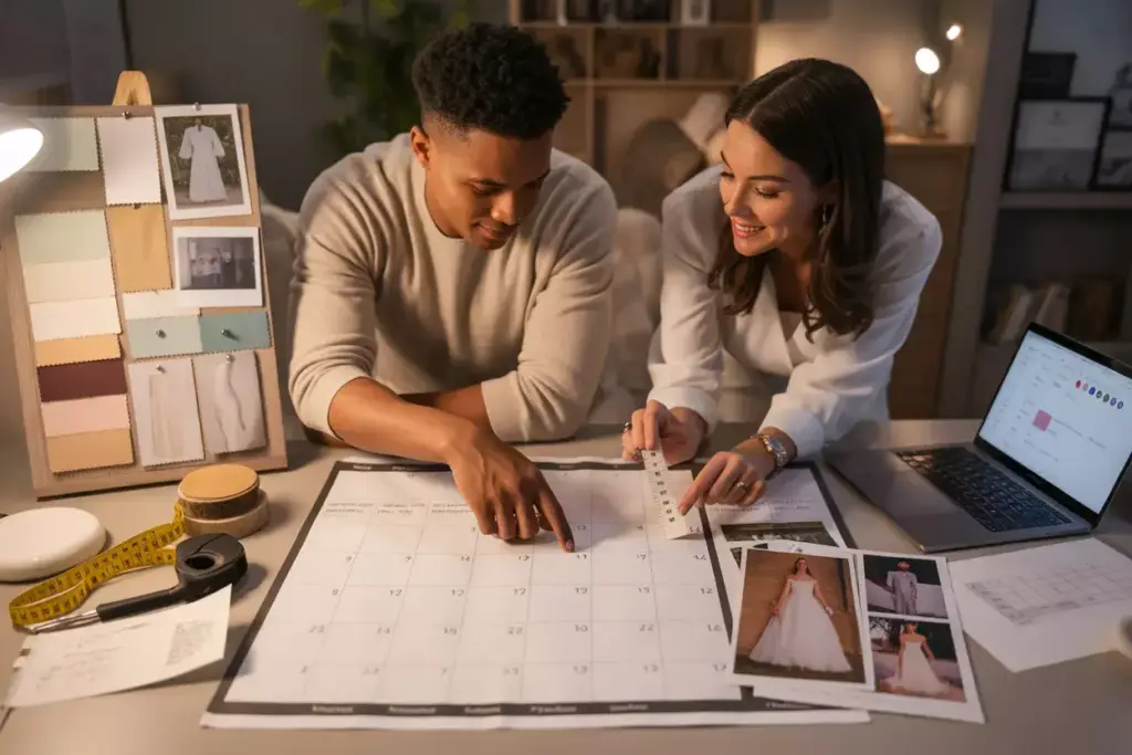 Couple wedding planner discussing timeline fabric swatches moodboard