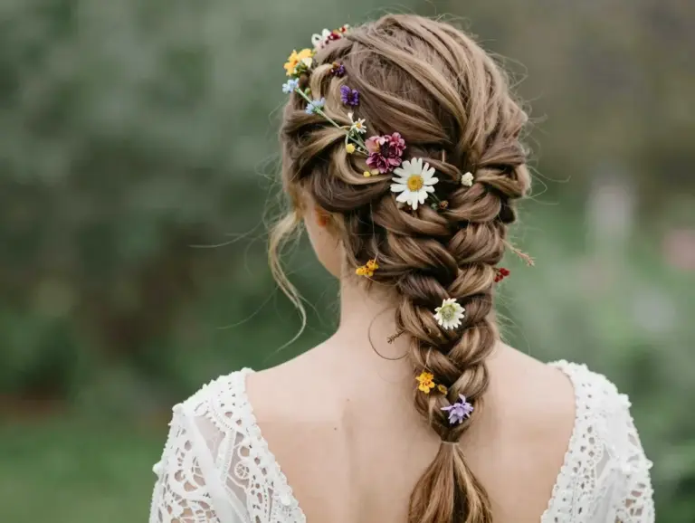 Featured Bride With Upswept Braids And Flowers For A Bohemian Garden Party