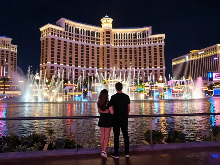 Featured Las Vegas Strip At Night With Bellagio Fountains And Neon Lights